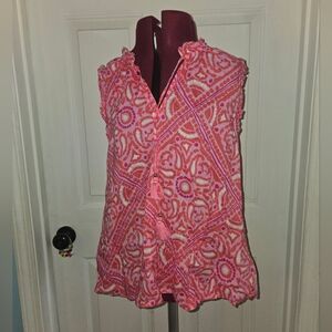 Vineyard Vines Pink White Printed Patterned Tank Gold Tassel Accents Medium
